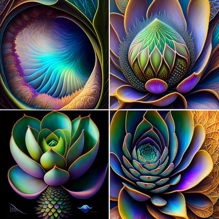 Four Vibrant Fractal Art Pieces with Abstract Floral Designs