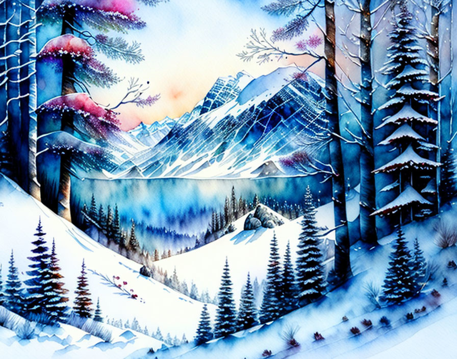 Winter landscape watercolor painting with snow-covered mountains and pine trees