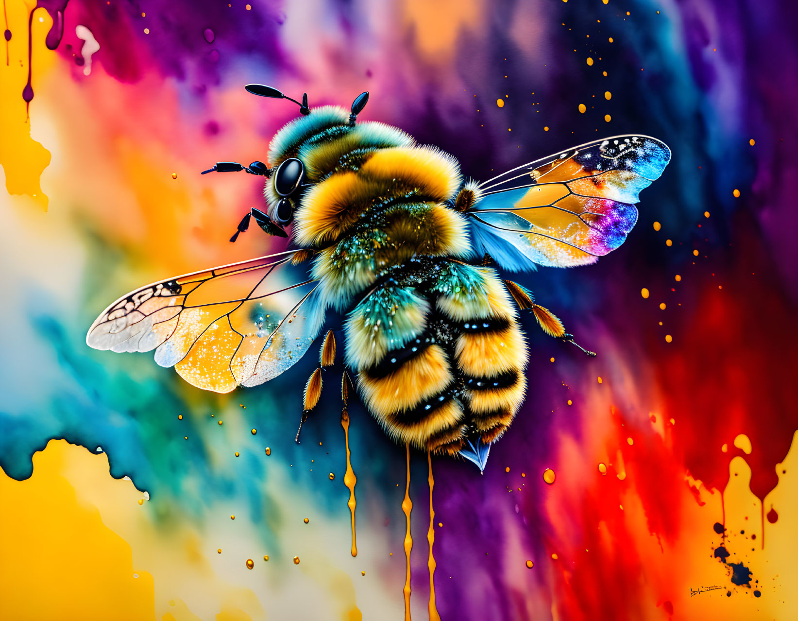 Detailed Hyper-Realistic Bee Art Against Colorful Background