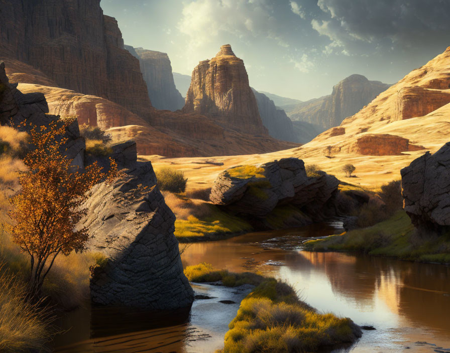 Majestic desert canyon with winding river and towering rock formations