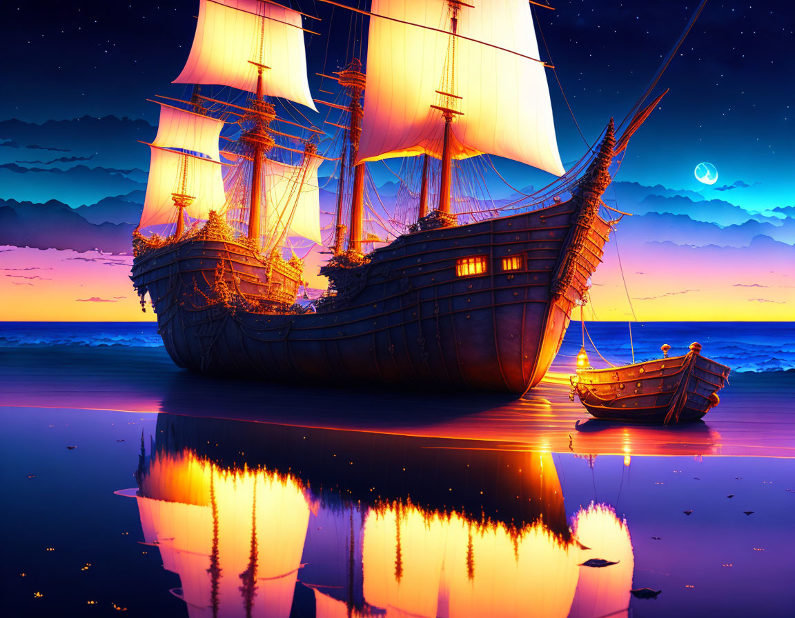 Tall ship with illuminated sails under starry night sky