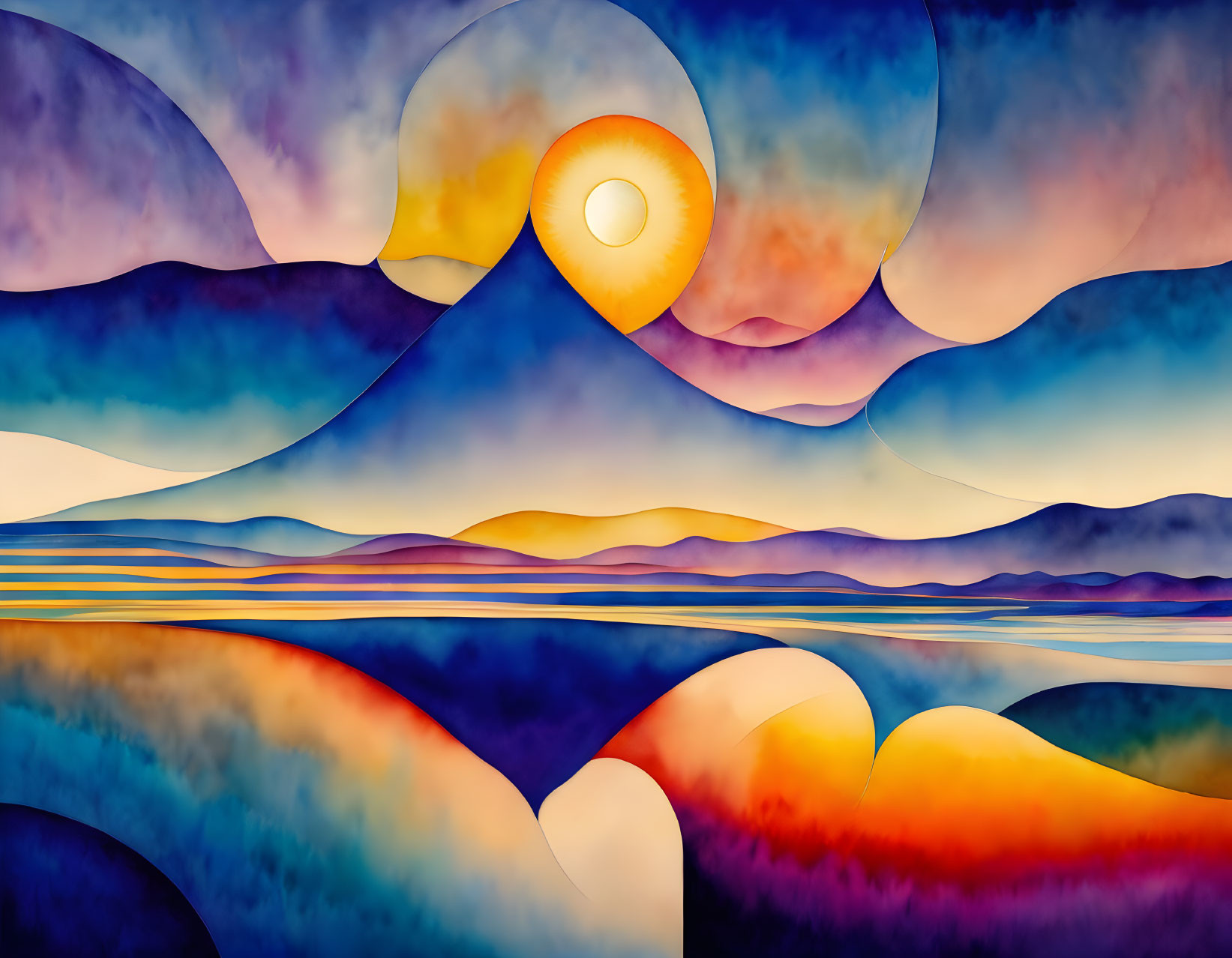 Abstract landscape with vibrant colors and sun-like circle