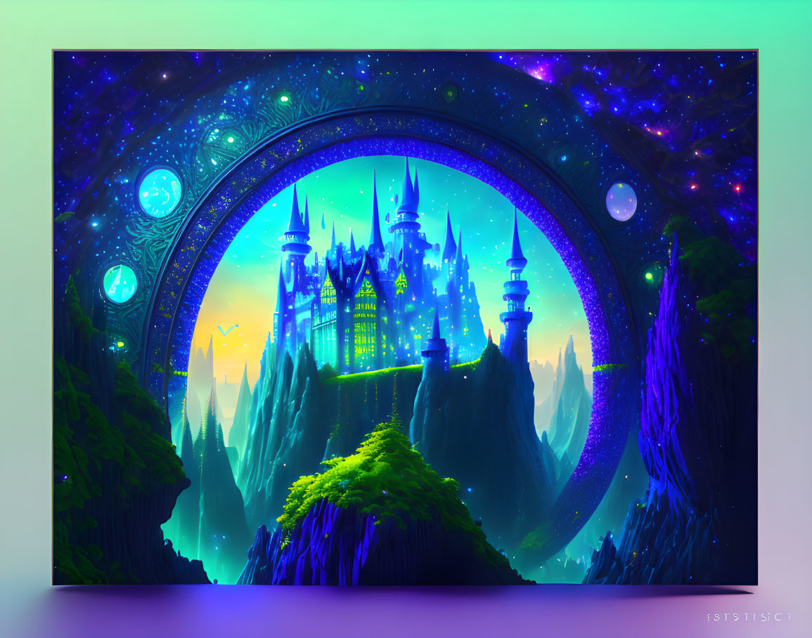 Fantasy landscape with glowing castle and celestial archway