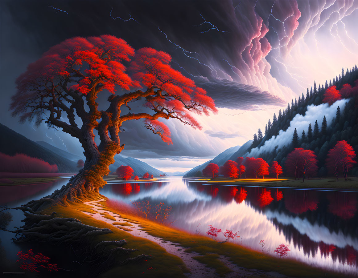 Red tree with twisted branches near lake under stormy sky with lightning, reflecting in water amidst mountain landscape