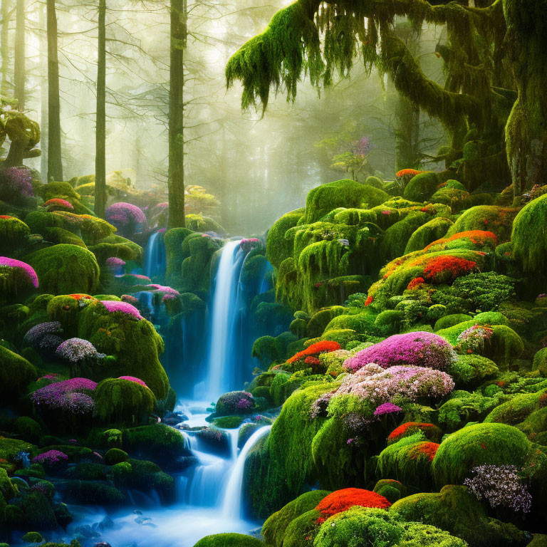 Tranquil waterfall in misty forest with moss-covered rocks and colorful flowers