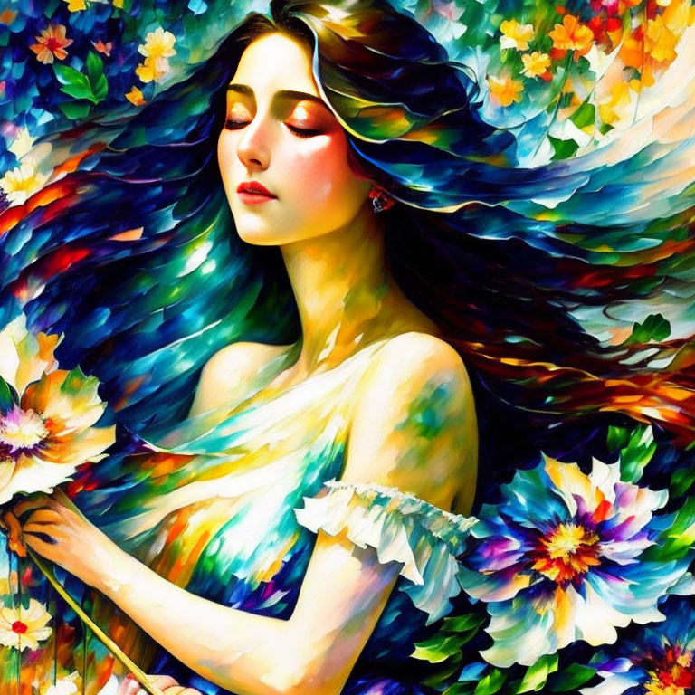 Colorful Impressionistic Painting of Woman with Flowing Hair in Nature