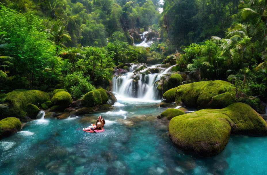 Tranquil Tropical Waterfall with Person Relaxing in Blue Pool