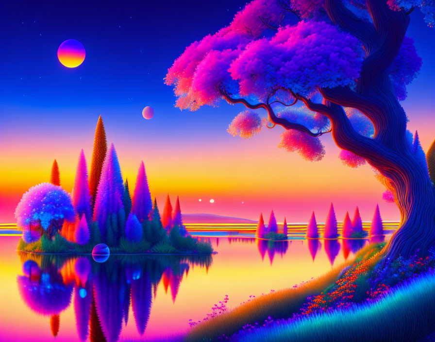 Surreal landscape with cherry blossom tree, moons, and twilight sky