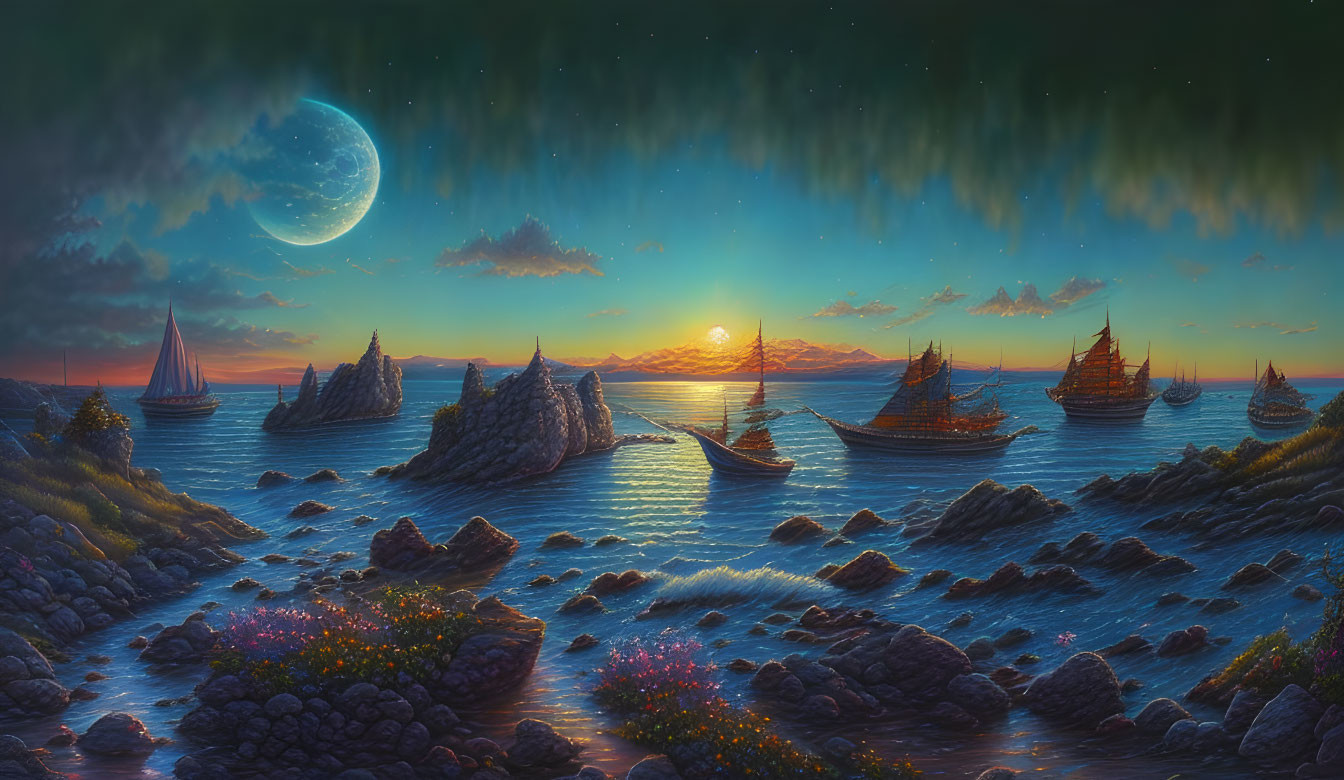 Fantasy seascape with crescent moon, northern lights, setting sun, ships, and rocky is