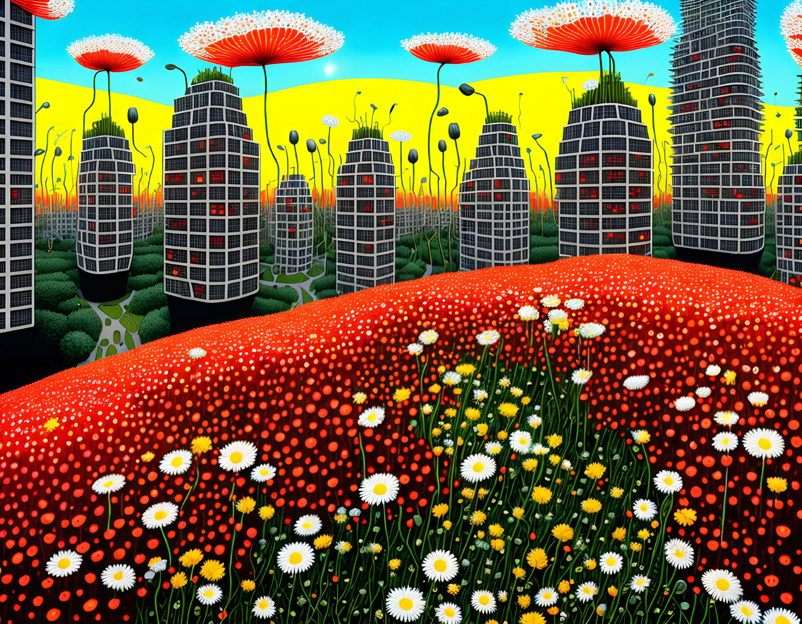 Colorful field of red and white flowers with fantasy skyscrapers under blue sky.