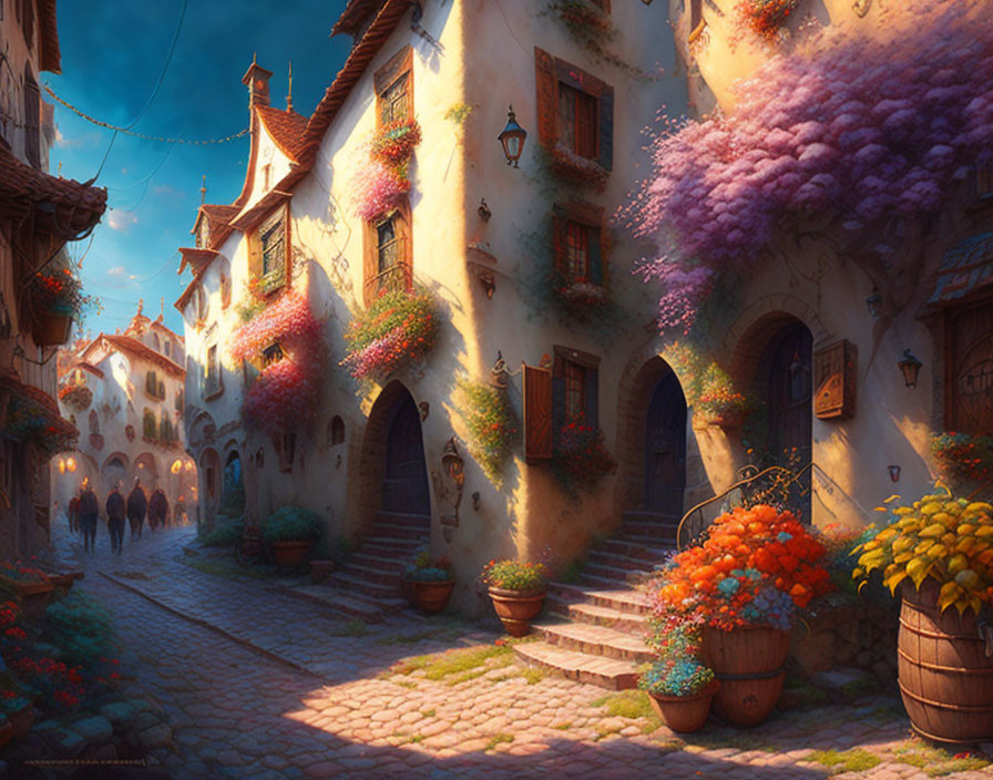 Charming cobblestone street with vibrant flowers and warm lights