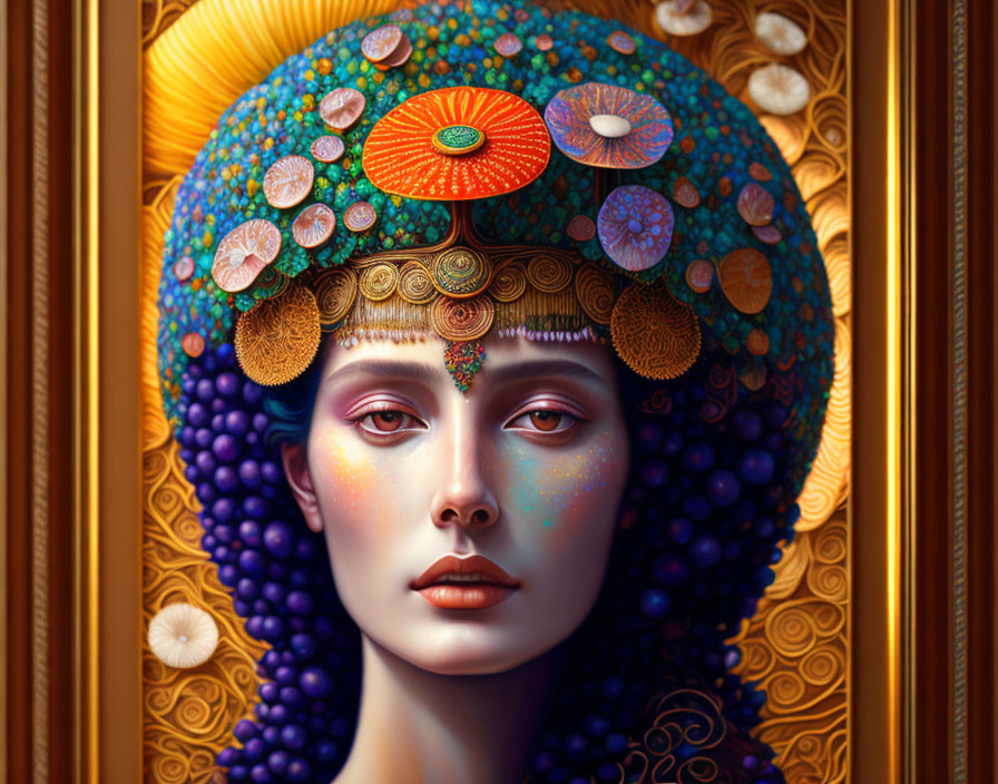 Colorful digital artwork features woman with fruit, seashell, and coin headdress on golden background