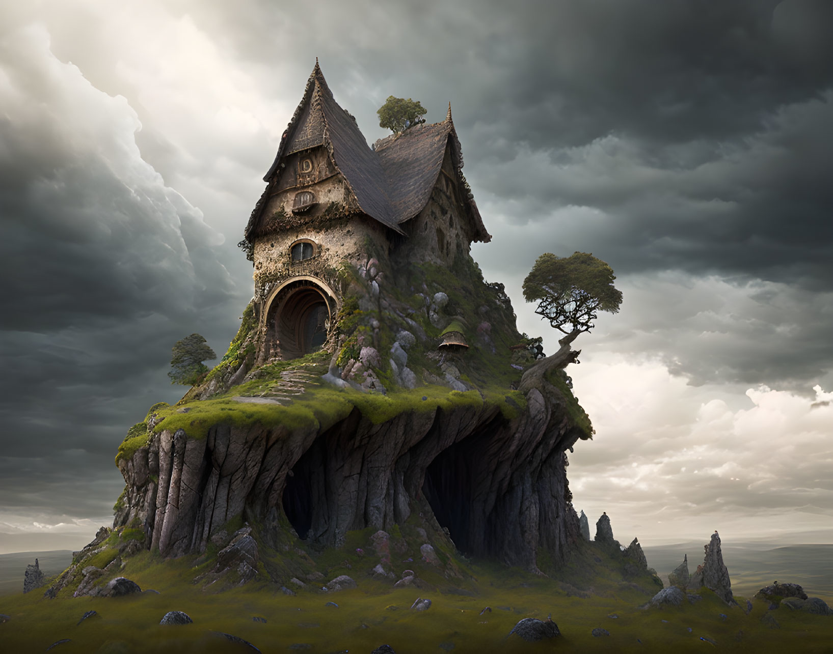 Fantasy-style house on rocky hill under dramatic sky.