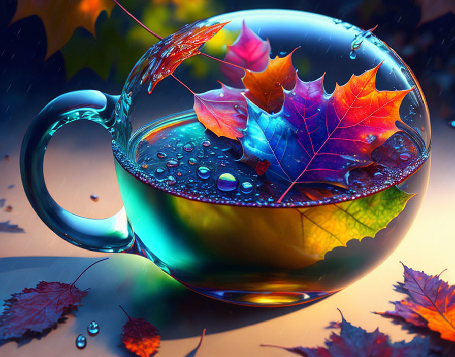 Glass Cup Overflowing with Water and Autumn Leaves in Warm Colors