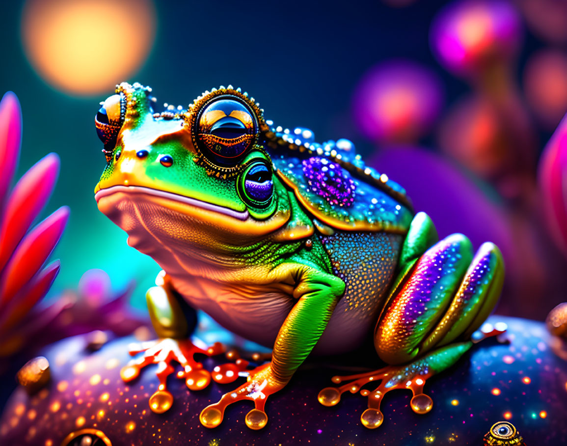 Colorful Frog with Shiny Skin Textures on Vibrant Background