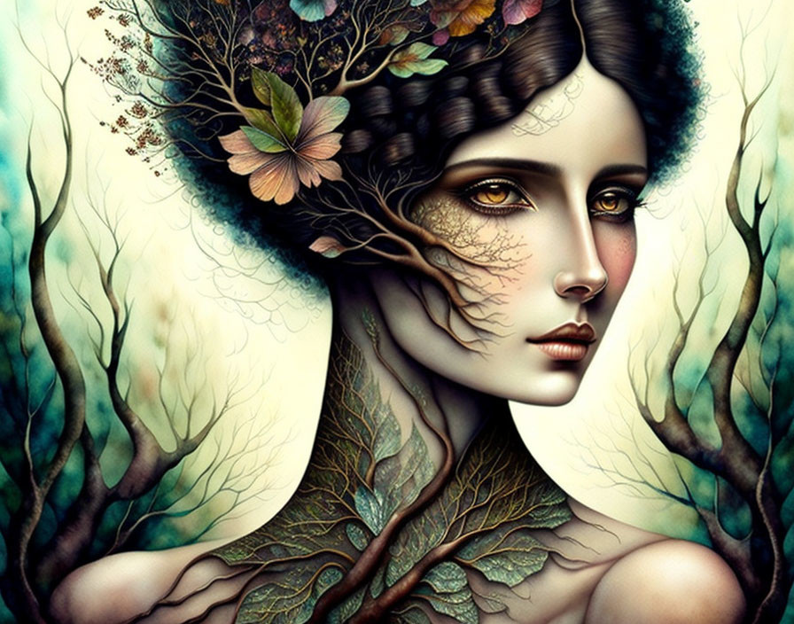 Woman's portrait with nature elements: trees and leaves merging into her hair and skin.