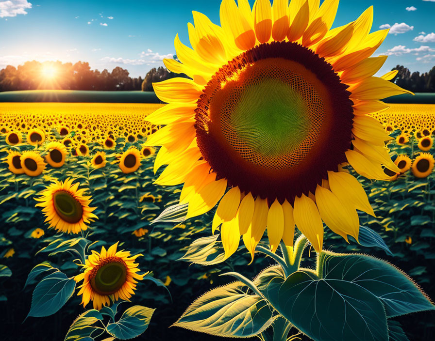 Sunflowers Field Bathed in Golden Sunset Light