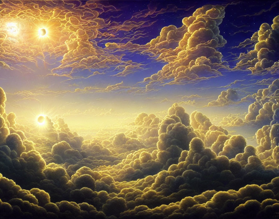 Dual suns light up golden clouds in surreal celestial landscape