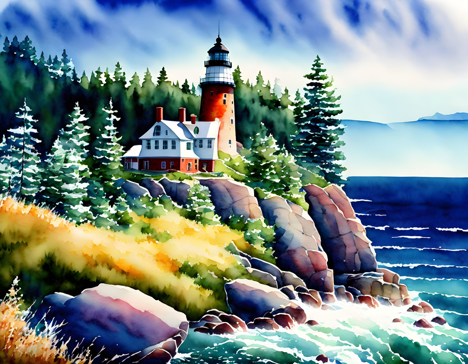 Scenic watercolor painting of lighthouse, house, pine trees, and mountains