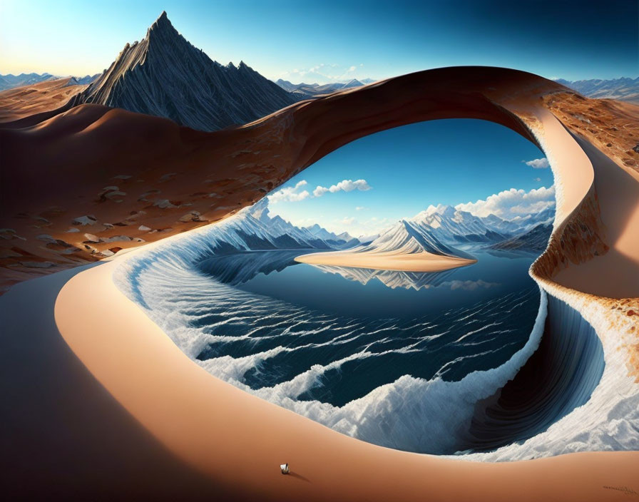 Surreal landscape with desert dune, wave, lake, mountains, and clear sky