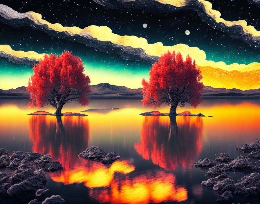 Vibrant red trees reflecting on tranquil lake at sunset with swirling starry sky and rocky terrain.