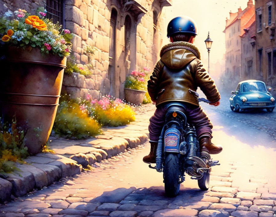 Person riding classic motorcycle on cobblestone street with flowers and old car