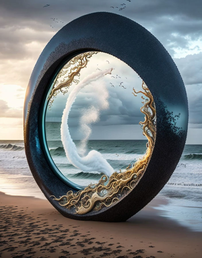 Circular portal on beach with wave inside, golden ornate details