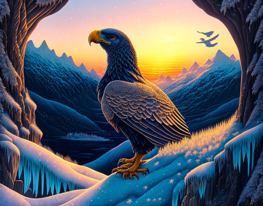 Majestic eagle in snowy mountain landscape at sunset