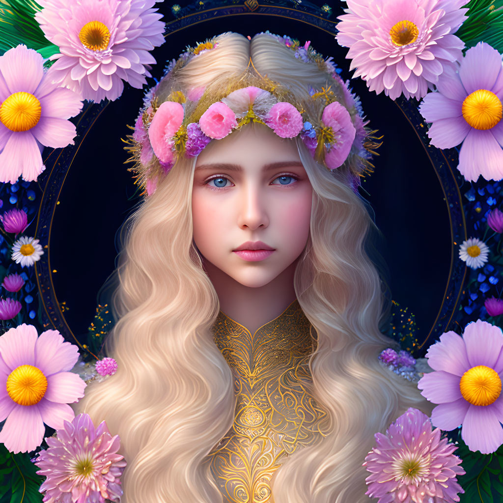 Digital Portrait: Woman with Long Blond Hair & Floral Wreath