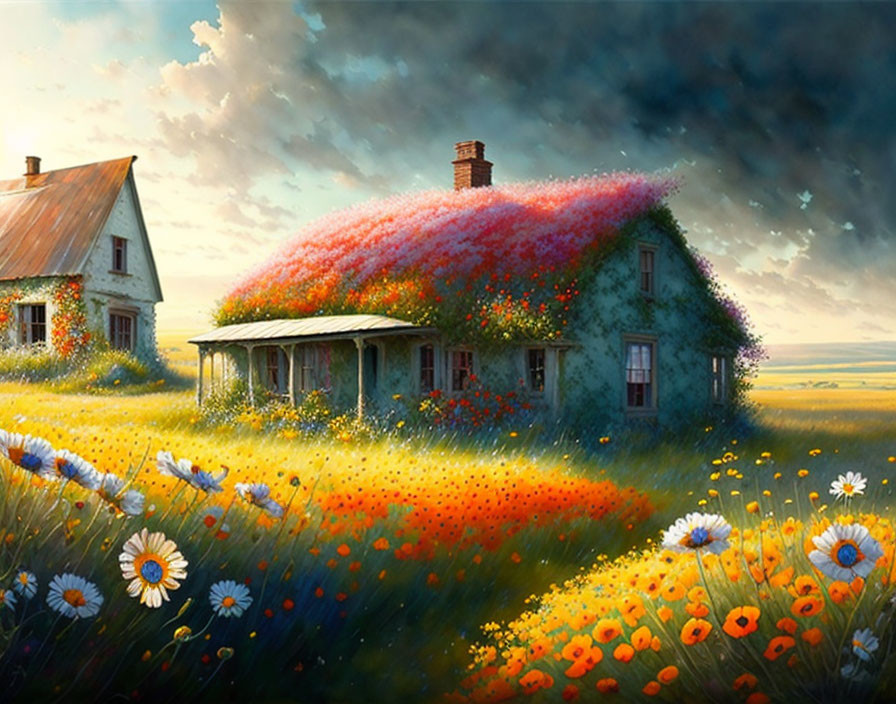 Colorful Flower-Covered Roof Cottage in Lush Field