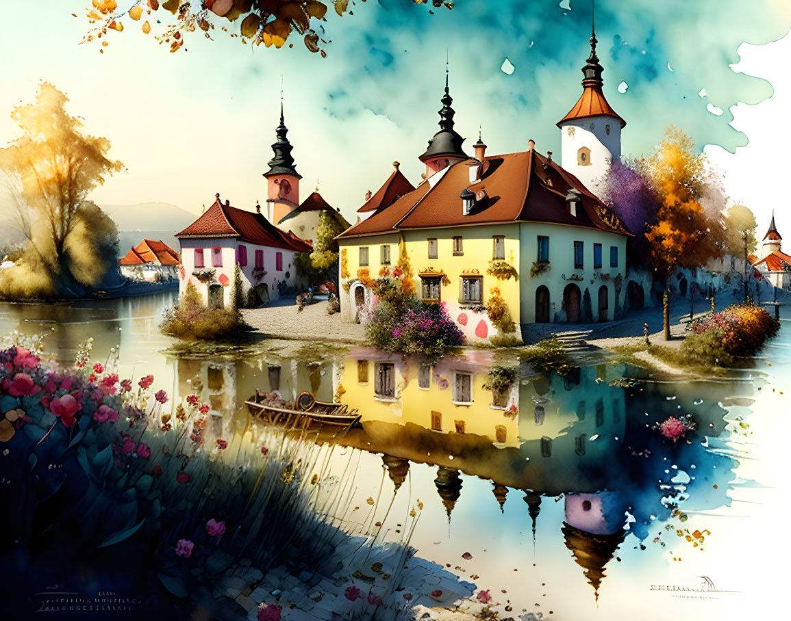 Serene European village with historic buildings and lush flora reflected in calm river