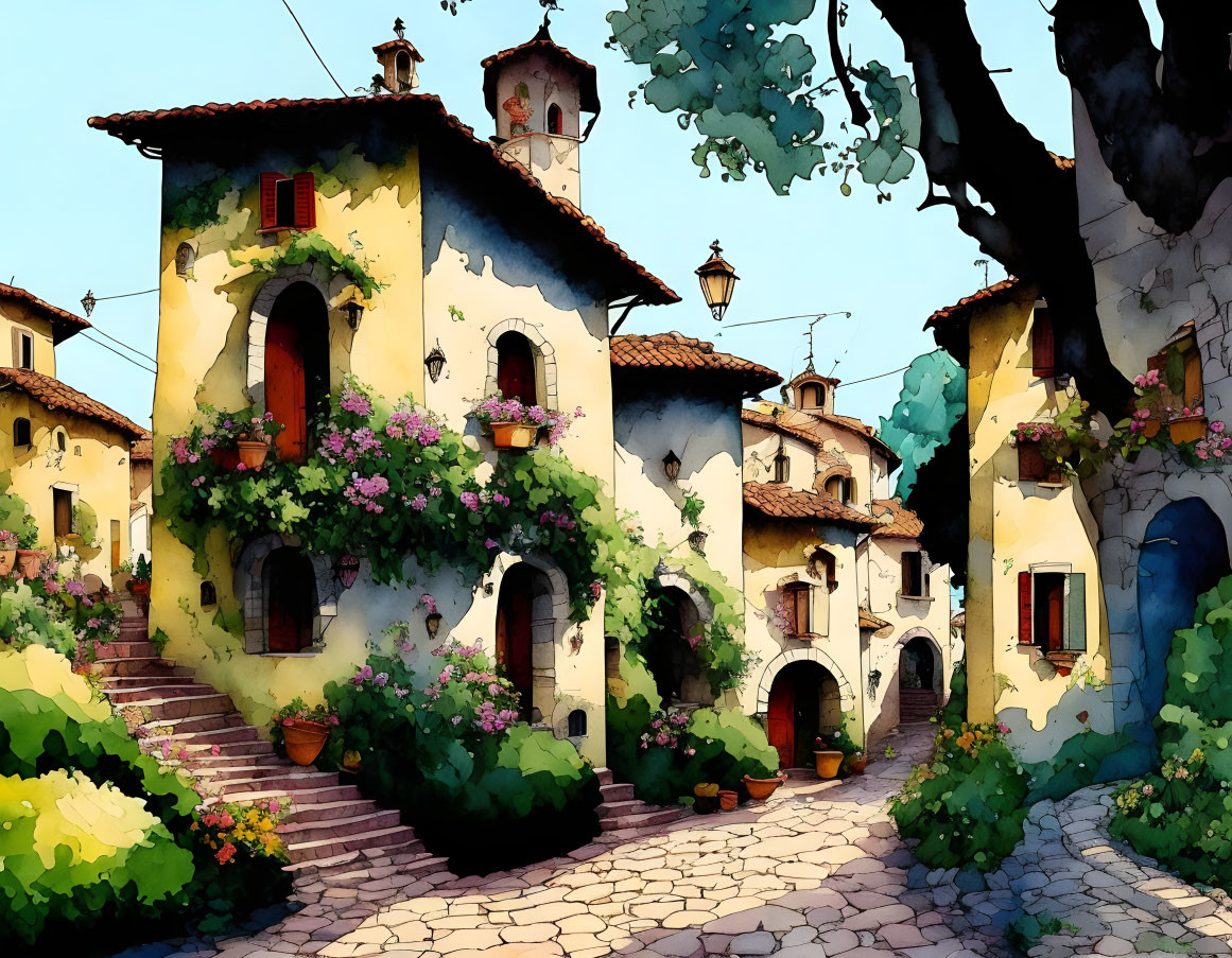 Colorful village illustration with cobblestone paths and lush greenery