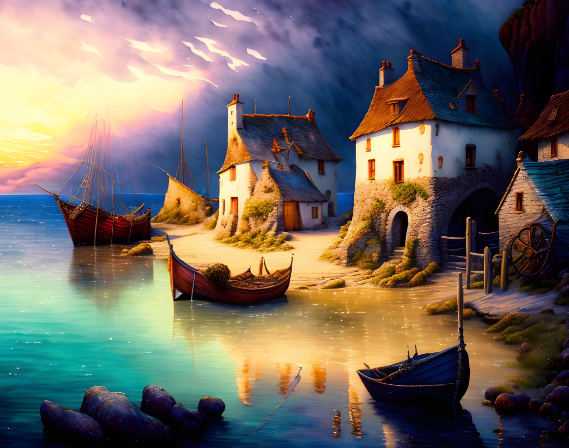 Traditional Coastal Houses and Boats at Dusk with Vivid Sky