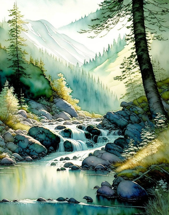 Tranquil watercolor painting of serene cascade, lush forests, misty mountains