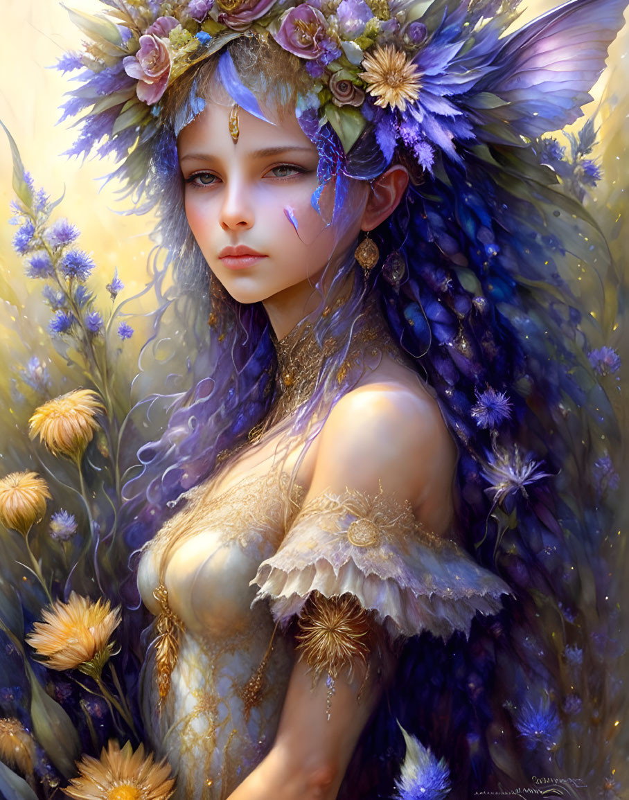 Mystical fairy with purple hair in golden and lavender botanical setting