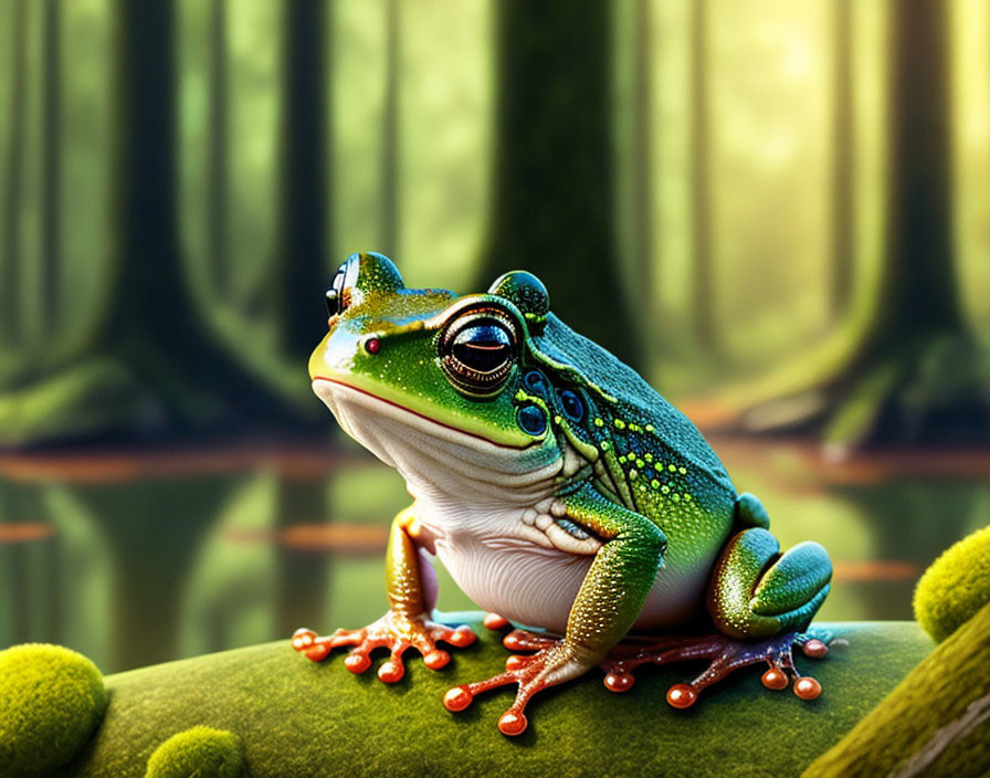 Colorful Frog on Leaf in Forest with Blurred Trees