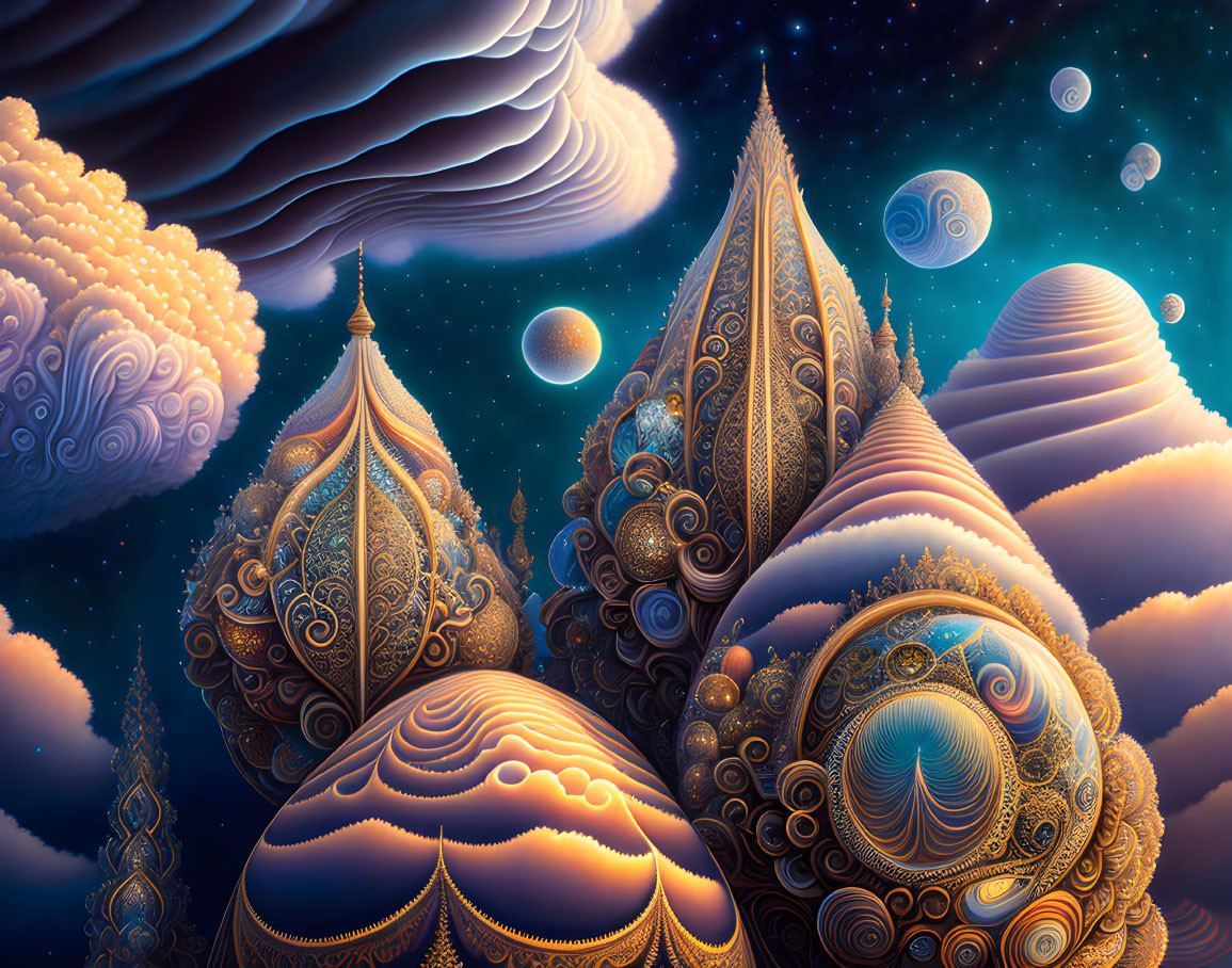 Surreal landscape with golden-domed structures in starry sky