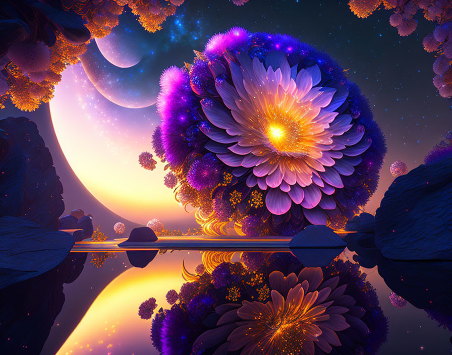 Vibrant surreal digital art: colorful petals on water with cosmic moons