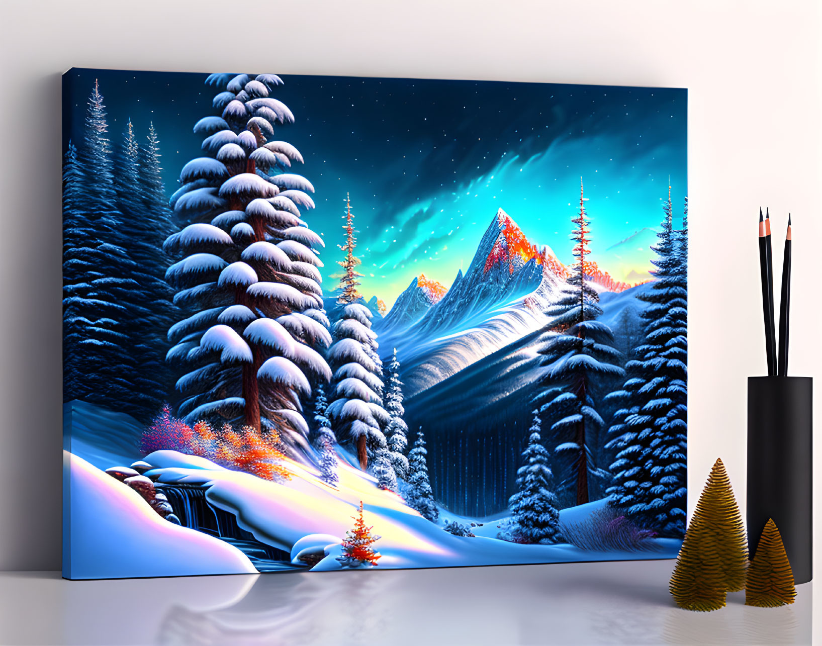 Snow-covered landscape canvas print with pine trees, mountains, and starry night sky.