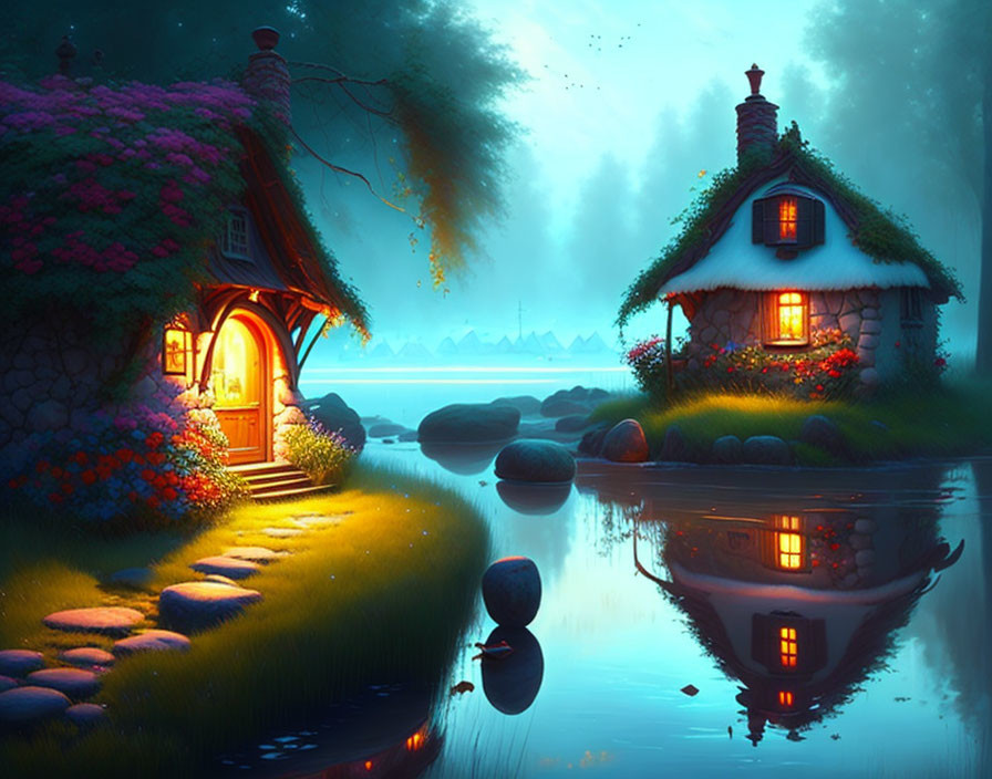 Twilight scene: Thatched roof cottages, calm river, vibrant flowers