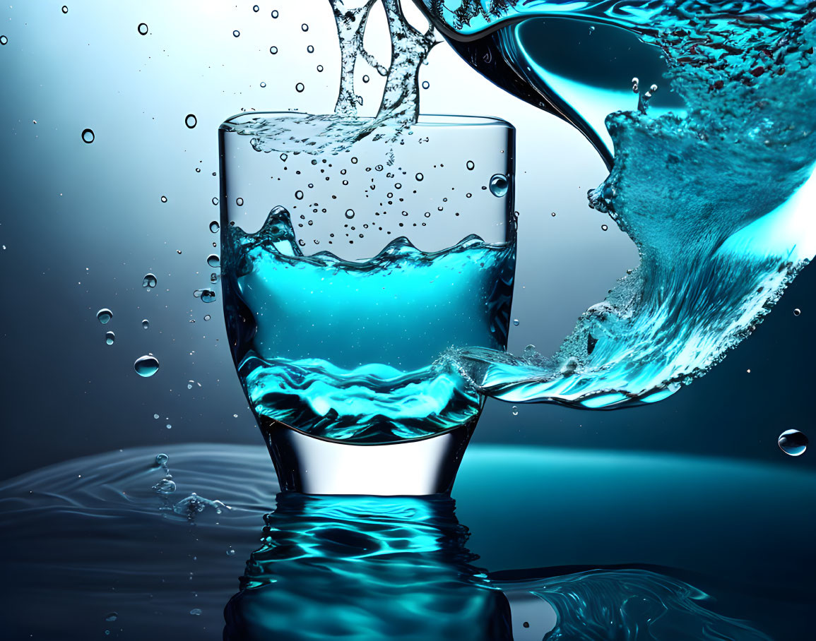 Transparent glass pitcher pouring water into a glass, creating dynamic splash with water droplets in motion on reflective