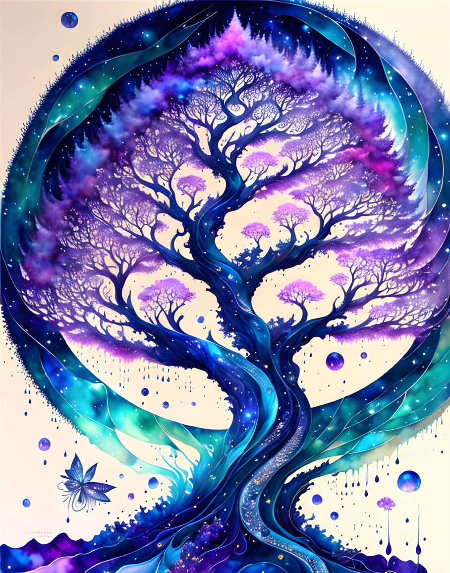 Colorful cosmic tree digital artwork with purple foliage and floating orbs.