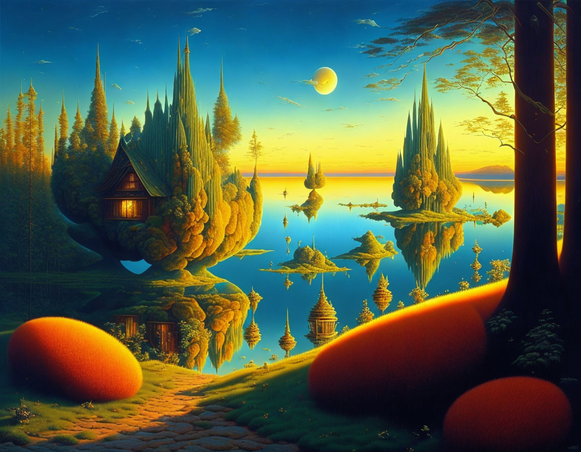 Fantastical landscape with floating islands, house, trees, sunset, crescent moon