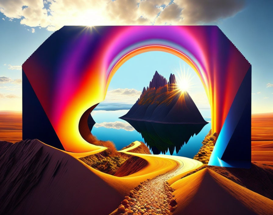 Surreal landscape with floating island, rainbow arch, winding roads, and vivid sunset sky