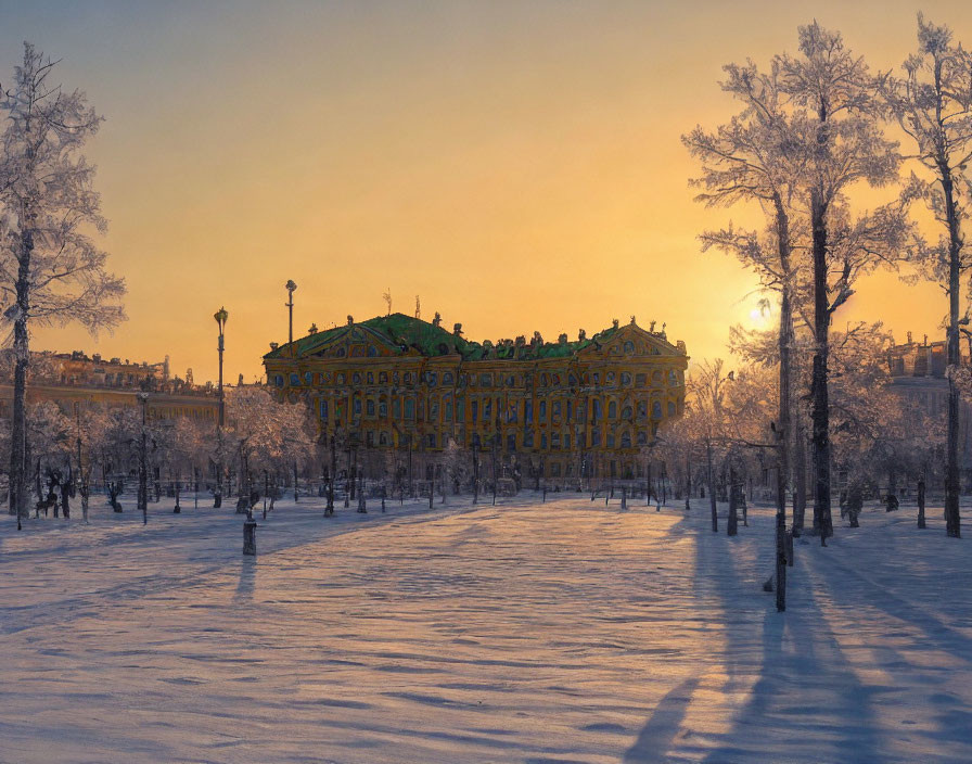 Snow-covered trees and golden sunlight on majestic yellow building in winter landscape