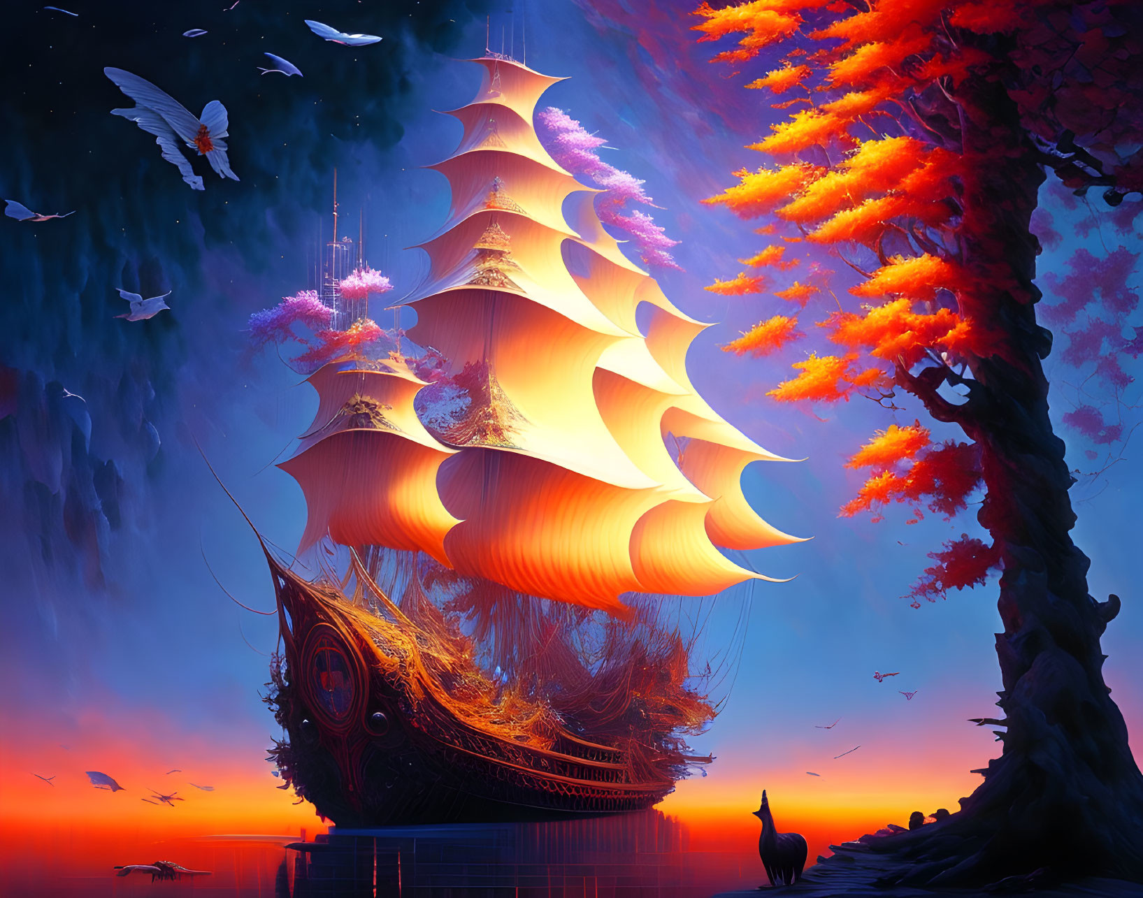 Fantastical ship with elaborate sails on calm waters at sunset