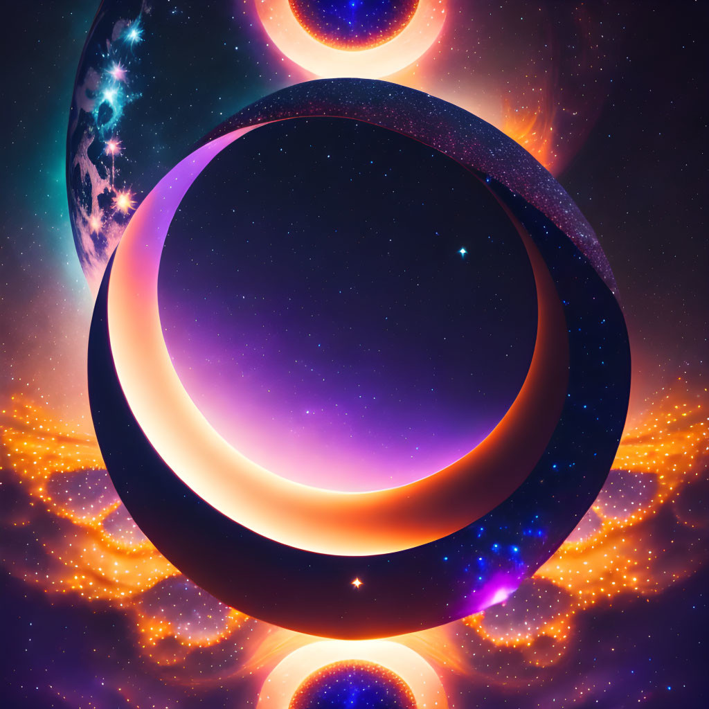 Colorful digital artwork of glowing celestial bodies in surreal galactic setting