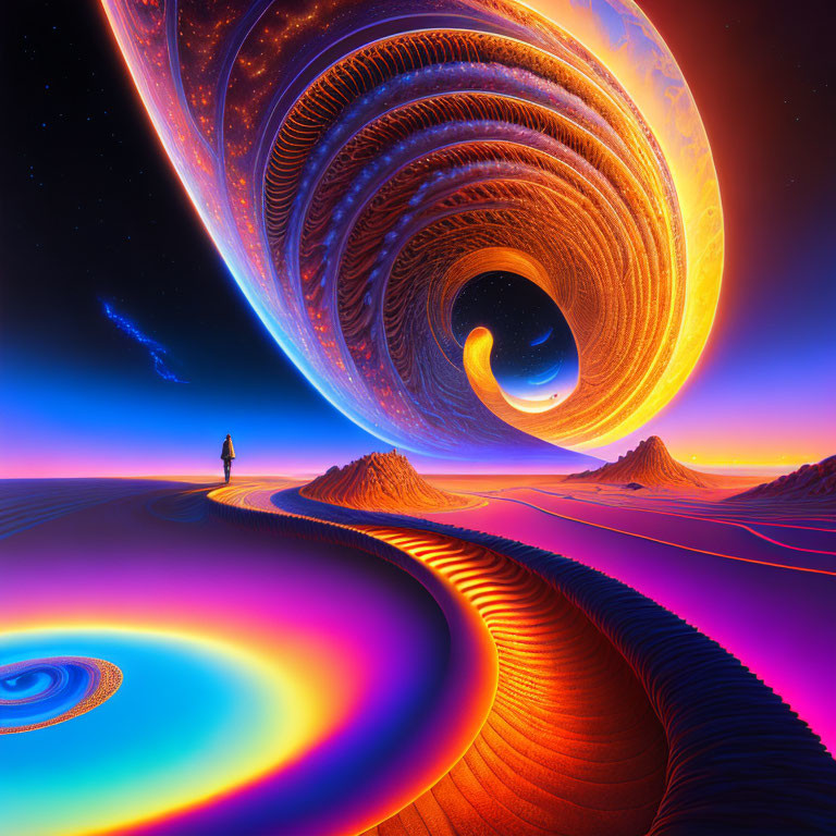 Person standing on vibrant alien landscape under massive spiral galaxy