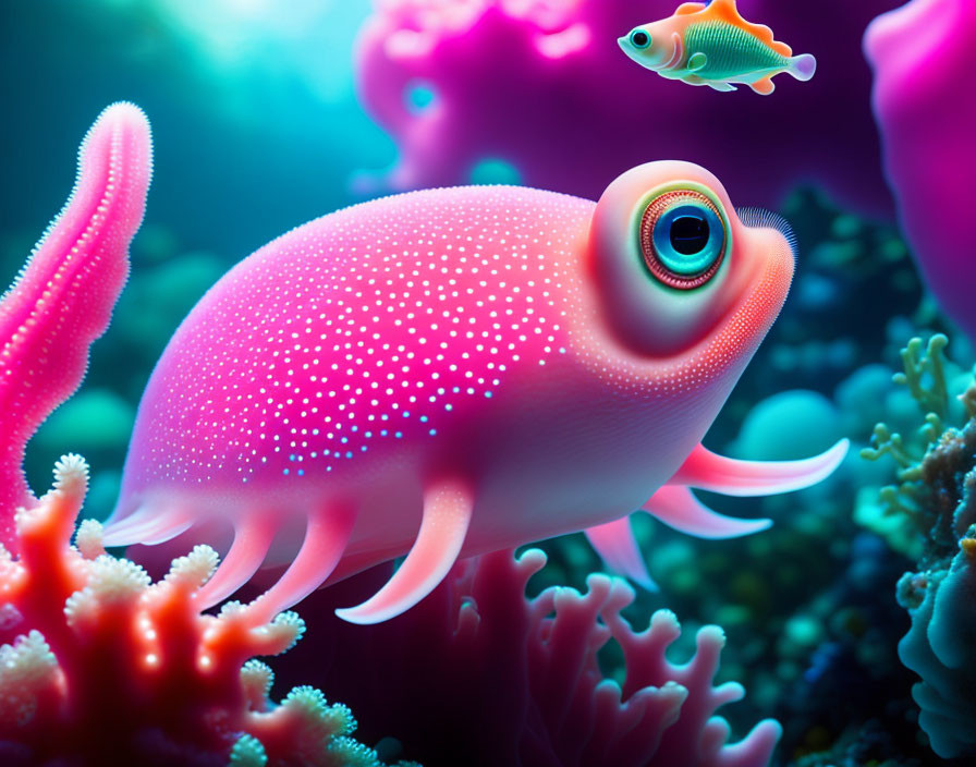 Colorful Stylized Pink Fish in Coral Reef Scene