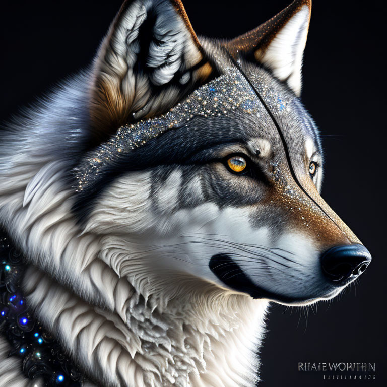 Detailed Wolf Head Illustration with Glittering Fur and Jeweled Necklace